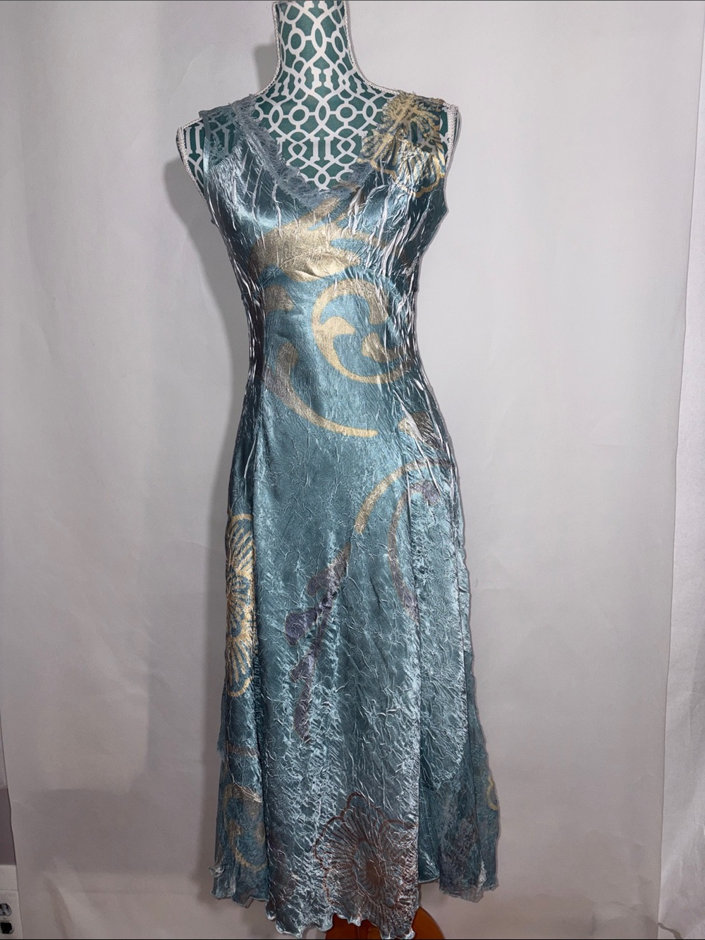 Komarov Teal Satin Midi Dress with Gold Swirl Accents Size Small USA Made